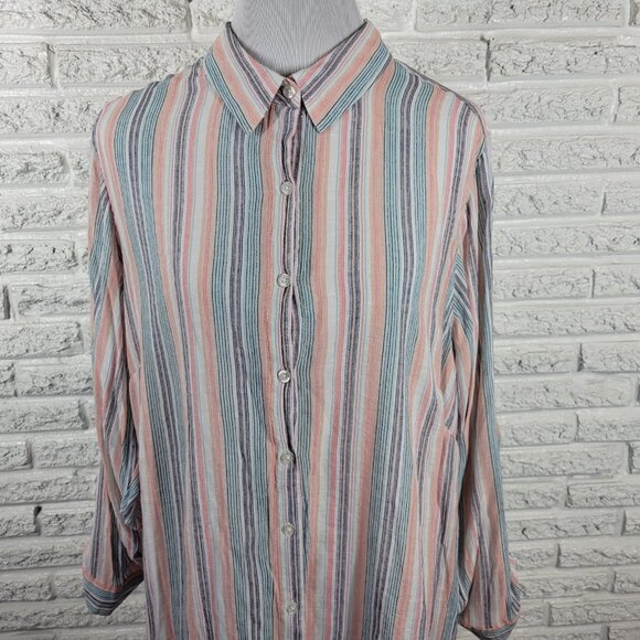 Zac Rachel Womens Top 2X Plus Roll Tab Sleeve Stripe Pink Blue Pastel STR125E - Picture 3 of 10